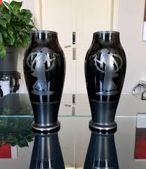 Art Deco Vases In Black Glass Signed Hem