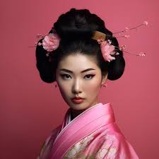 flowers in her hair and a pink kimono