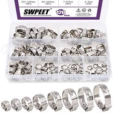 Swpeet 120pcs 8 Sizes 304 Stainless Steel Single Ear Hose Clamps Crimp Hose Clamp Assortment Kit Ear Stepless Cinch Rings Crimp Pinch Fitting Tools