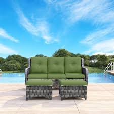 Joyside Wicker Outdoor Patio Sofa Sectional Set With Green Cushions And Ottoman