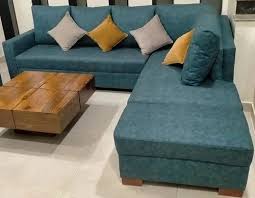 wood six seater l shape sofa set velvet