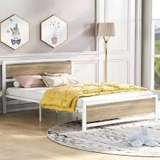Magic Home Queen Size Metal And Wood Frame Platform Bed With Headboard Footboard And Center Support Leg White