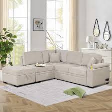 Nestfair 87 4 In Beige Linen Upholstered L Shaped Sleeper Sofa Bed With Twin Size Pull Out Bed And Storage Ottoman