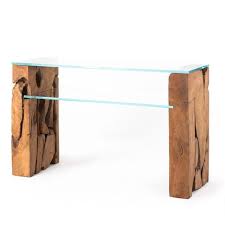 Glass Console Table With Teak Root Base