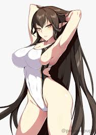 puuzaki puuna, semiramis (fate), fate apocrypha, fate (series), highres,  1girl, armpits, arms behind head, arms up, bare shoulders, black hair,  blush, breasts, cleavage, collarbone, competition swimsuit, covered navel,  highleg, highleg swimsuit, large 