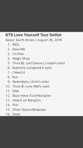 Complete song listing of bts on oldies.com. Which Songs Do You Think Will Be Performed On The Bts World Tour Love Yourself Quora