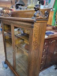 Antique Oak Large Bookcase W Glass
