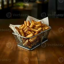 fries in rectangle wire basket of