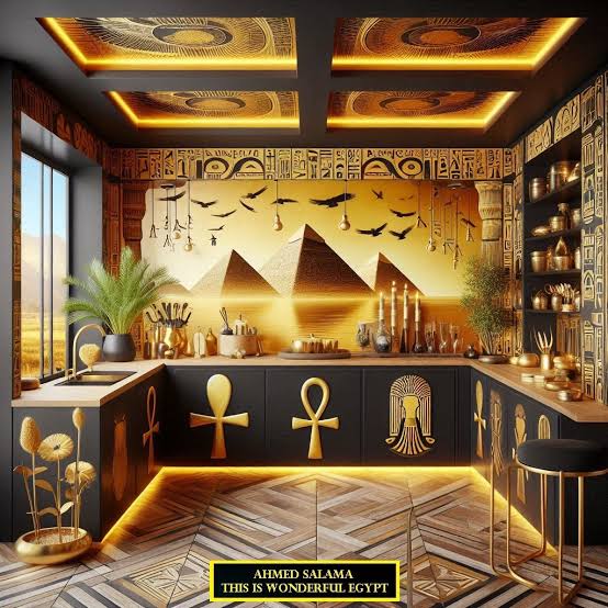 اللون الأسود مع الذهبى عاملين شغل عالى 🧡🖤🔥 تصميمات للبيوت والفنادق والمنشآت السياحية مستوحاة من الحضارة المصرية القديمة وبلمسة عصرية - من تصميماتنا بالذكاء الاصطناعى #مصر_الرائعة_بالذكاء_الاصطناعى Th