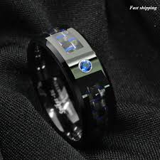 Details About Black And Blue Carbon Fiber Tungsten Ring Blue Diamond Atop Mens Wedding Band