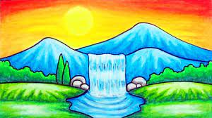 Another free landscapes for beginners step by step drawing video tutorial. How To Draw Easy Scenery Drawing Waterfall At Sunset Scenery Step By Step With Oil Pastels Youtube