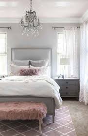bedroom grey white pink chandeliers