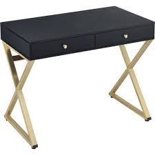 We found some metal legs and did some research on finishing a live edge piece of wood. Rectangular Two Drawer Wooden Desk With X Shape Metal Legs Black And Gold On Sale Overstock 25710173