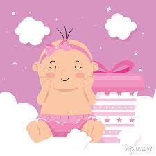 Cute Baby Girl With Gift Box And Clouds