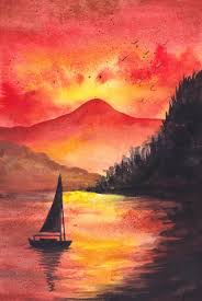 Beautiful Sunset Landscape Watercolor