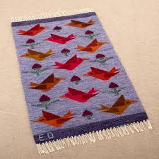 wool rug with colorful birds handloomed