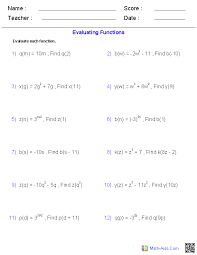evaluating functions worksheet algebra