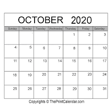 October 2020 Printable Calendar Template Pdf Word Excel