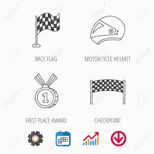 Race Flag Checkpoint And Motorcycle Helmet Icons Winner Award