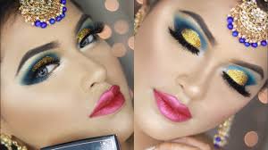 intense blue and gold eye makeup look