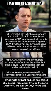 Jun 18, 2021 · the u.s. May Not Bea Smart Man But I Know That A Fda First Emergency Use Authorization Eua For A Never Before Approved Mrna Type Vaccine That Prevents Covid Is Not The Same As