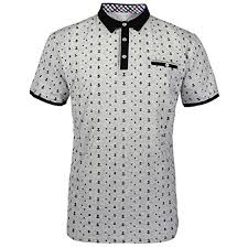 Tanbridge Mens Cotton Spandex Printed Polo Shirts Collar Stays With Buttons Decorated Pocket Light Grey Large