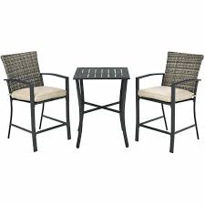 3 Pieces 2 Cushioned Stools Furniture Sets For Patio Modern Style Wicker Rattan Square Black Gray Costway Bar Set With Slat Table And Stools