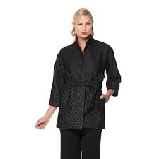 Natori Size L Quilted Open Topper Belt Mandan Collar Kimono Jacket Black