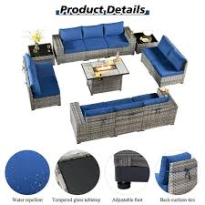 Crater Grey 13 Piece Wicker Wide Plus Arm Outdoor Fire Pit Patio Conversation Sofa Set With Navy Blue Cushions