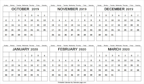 6 Month Calendar October 2019 And March 2020 Editable Png