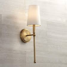 Greta 21 High Warm Brass Wall Sconce With Linen Shade 9j997 Lamps Plus