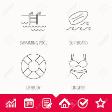 Surfboard Swimming Pool And Bikini Icons Lifebuoy Linear Sign