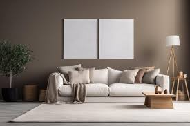 a living room interior with grey walls