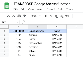 how to use the transpose google sheets