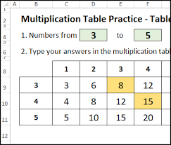 excel multiplication table practice