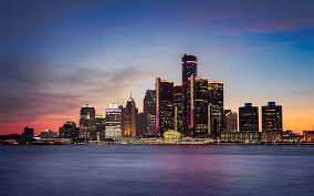 Detroit Skyline Sunset Michigan Usa