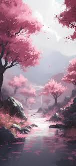 river near pink trees art wallpapers