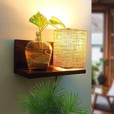 Wooden Shelf With Lamp Wall Mounted