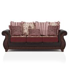 furniture of america quartette 94 in burgundy and espresso round arm faux leather straight sofa in brown