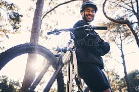 forest fitness and portrait of cyclist