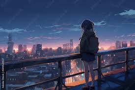 lonely anime looking at the night