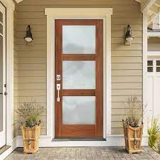 Krosswood Doors 36 In X 80 In Modern Douglas Fir 3 Lite Right Hand Inswing Frosted Glass Red Mahogany Stain Wood Prehung Front Door