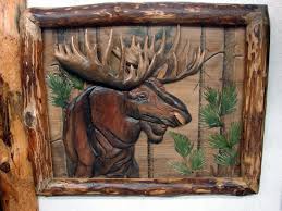 Intarsia Wood Art Bull Moose Head Log