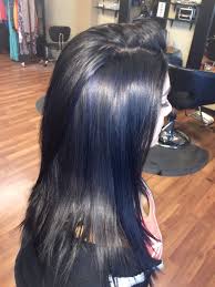 Blue black hair color goes well with any short or medium length hairstyles: All Over Black With Navy Blue Highlights Hair Color For Black Hair Blue Hair Highlights Bold Hair Color