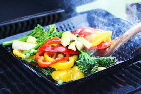 Grilling Shrimp And Vegetables In Basket gambar png