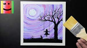 Simple night landscape to realize | Little girl on a swing and cat |  Acrylic paint - YouTube