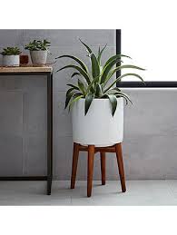 Mid century large planter ceramic cylinder pot 13 white with plant stand by upshining (2) $134. West Elm Mid Century Tall Turned Leg Planter