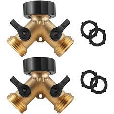 Solid Brass 2 Way Y Valve Garden Hose Connector Diverter Extra 4 Rubber Hose Gaskets With Comfort Grips Pack Of 2