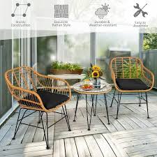 Angeles Home 3 Piece Wicker Rattan Patio Conversation Set With Black Cushions And Tempered Glass Table Top