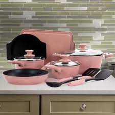 nonstick aluminum cookware set in pink